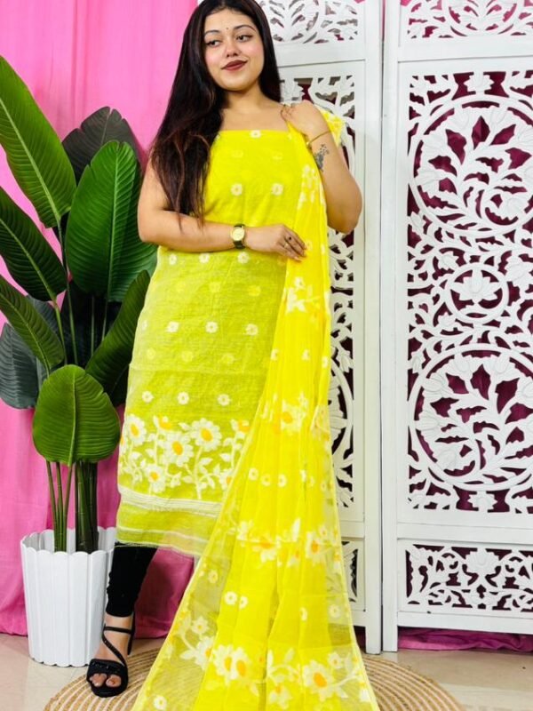 2 Piece Unstitched Sunflower Jamdani Churidar Set - Lemon Yellow