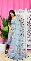 Unstitched 2 Piece Jamdani Churidar Set - Light Blue Grey