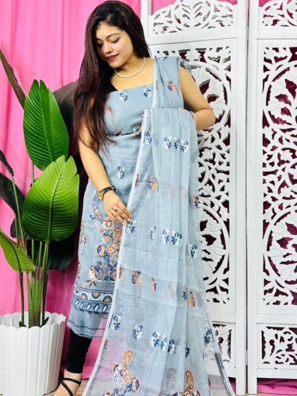 Unstitched 2 Piece Jamdani Churidar Set - Light Blue Grey