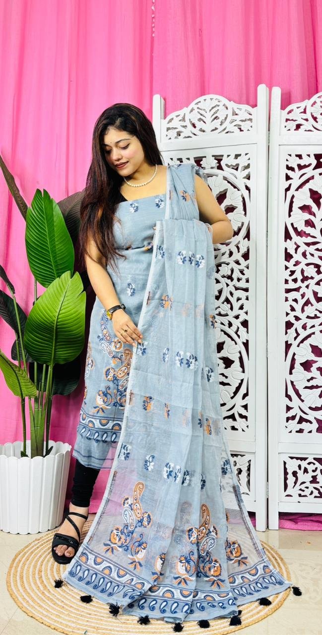 Unstitched 2 Piece Jamdani Churidar Set - Light Blue Grey