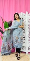 Unstitched 2 Piece Jamdani Churidar Set - Light Blue Grey