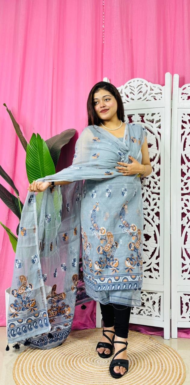 Unstitched 2 Piece Jamdani Churidar Set - Light Blue Grey