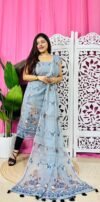Unstitched 2 Piece Jamdani Churidar Set - Light Blue Grey