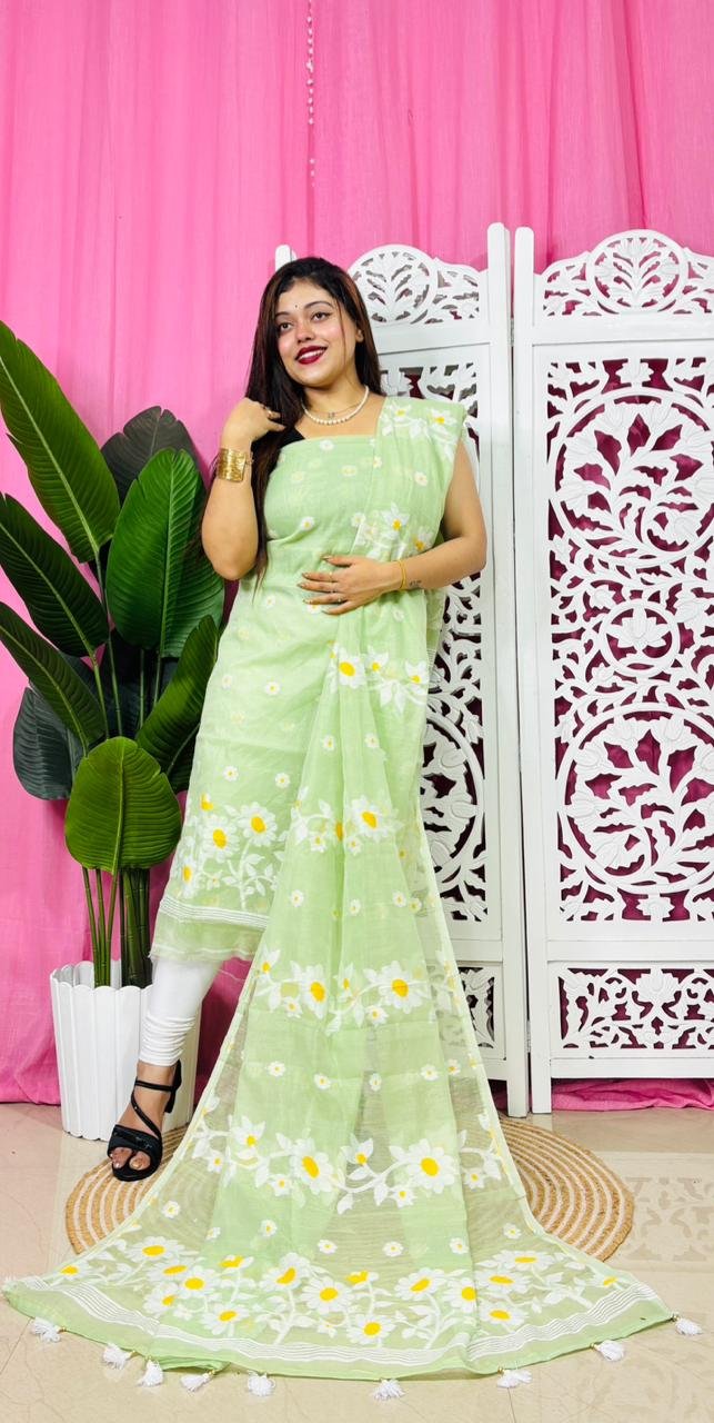 2 Piece Unstitched Sunflower Jamdani Churidar Set - Light Grey Green