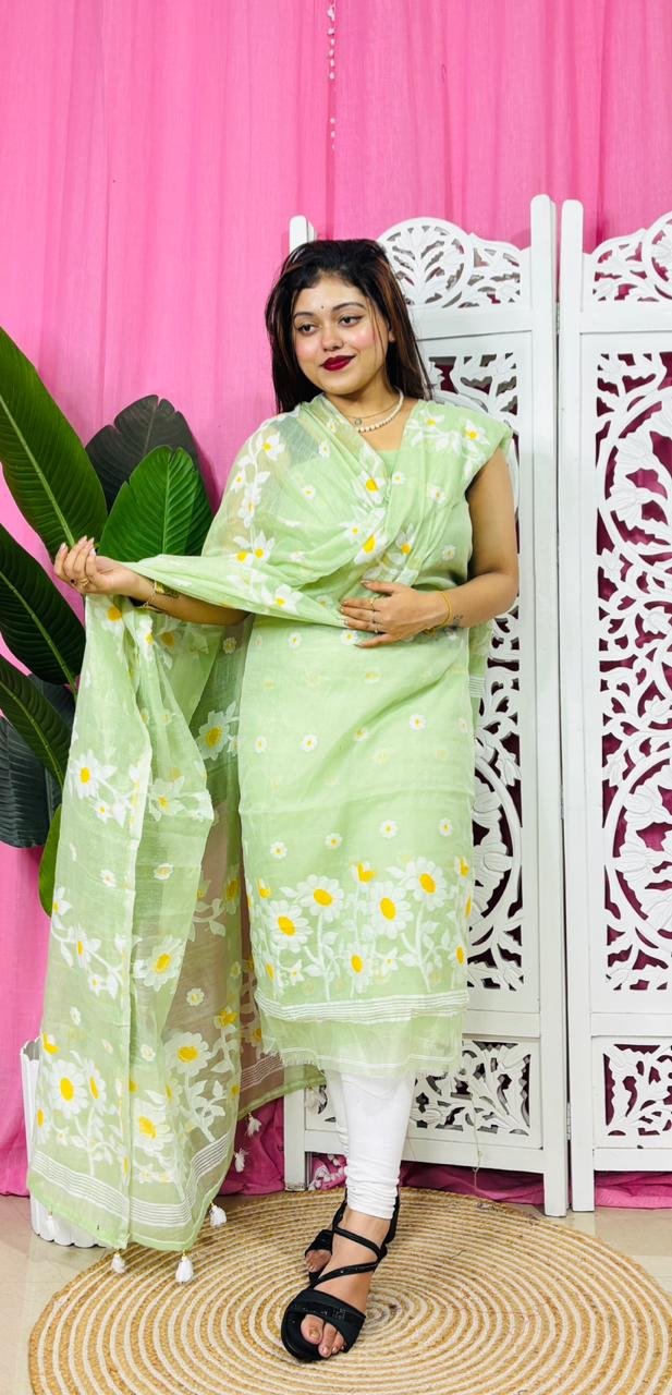 2 Piece Unstitched Sunflower Jamdani Churidar Set - Light Grey Green