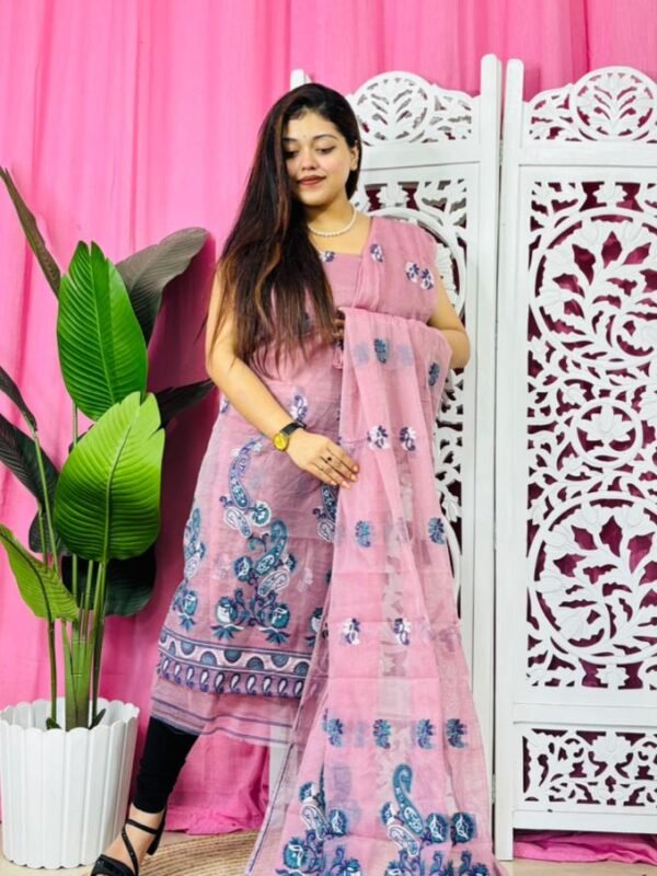 Unstitched 2 Piece Jamdani Churidar Set - Light Mauve