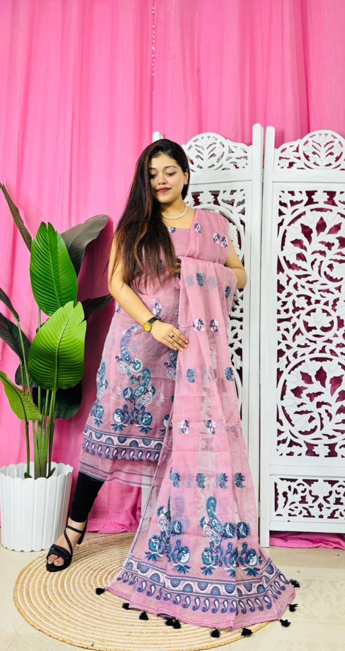 Unstitched 2 Piece Jamdani Churidar Set - Light Mauve