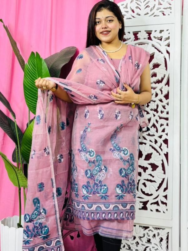 Unstitched 2 Piece Jamdani Churidar Set - Light Mauve