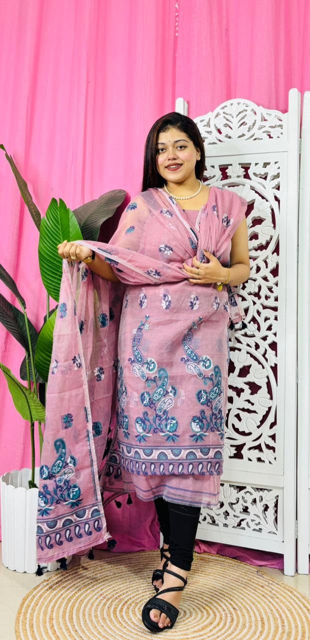 Unstitched 2 Piece Jamdani Churidar Set - Light Mauve