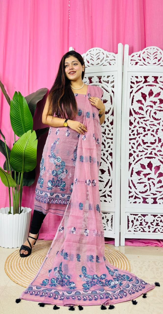 Unstitched 2 Piece Jamdani Churidar Set - Light Mauve