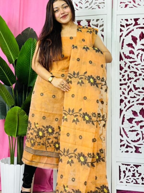 2 Piece Unstitched Sunflower Jamdani Churidar Set - Light Orange
