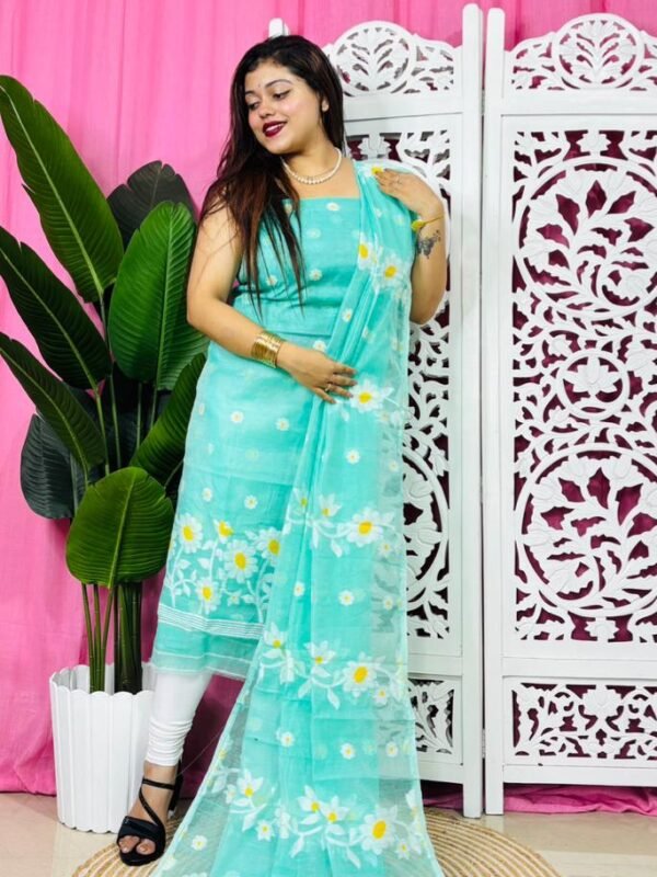 2 Piece Unstitched Sunflower Jamdani Churidar Set - Light Sea Green