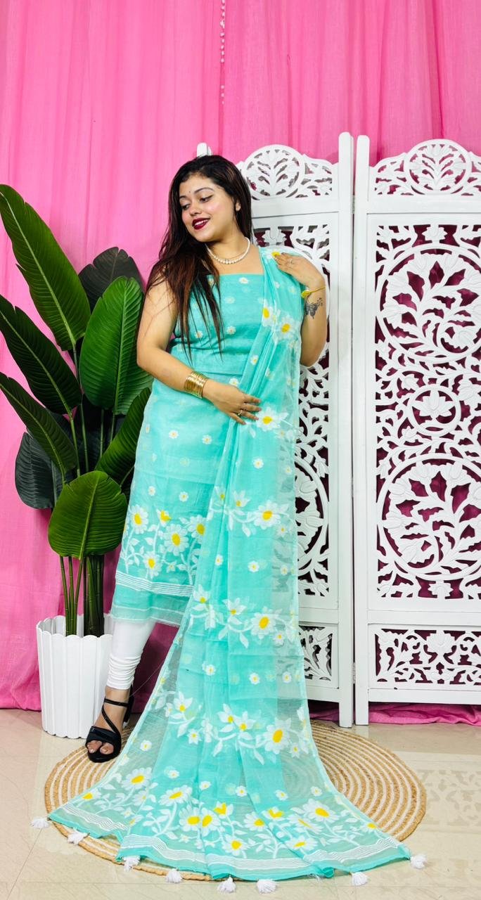 2 Piece Unstitched Sunflower Jamdani Churidar Set - Light Sea Green