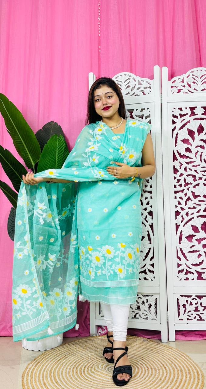 2 Piece Unstitched Sunflower Jamdani Churidar Set - Light Sea Green