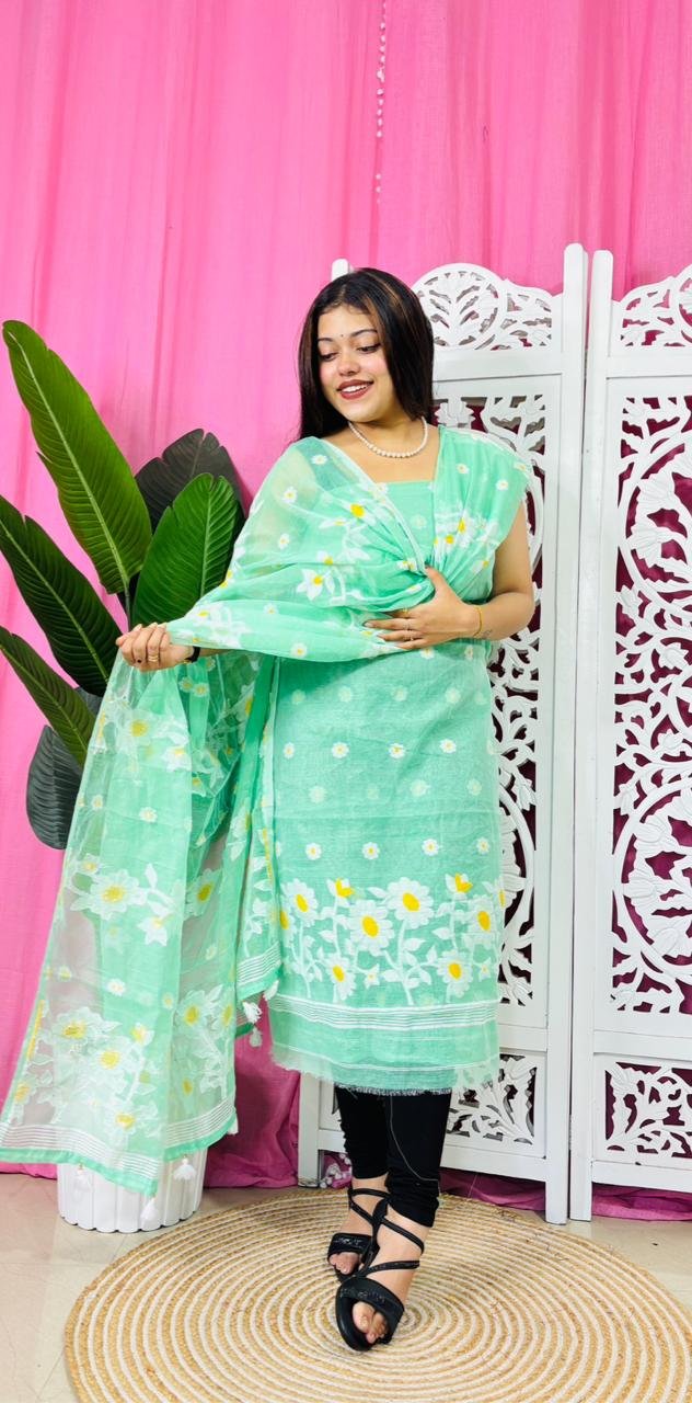 2 Piece Unstitched Sunflower Jamdani Churidar Set - Light Teal