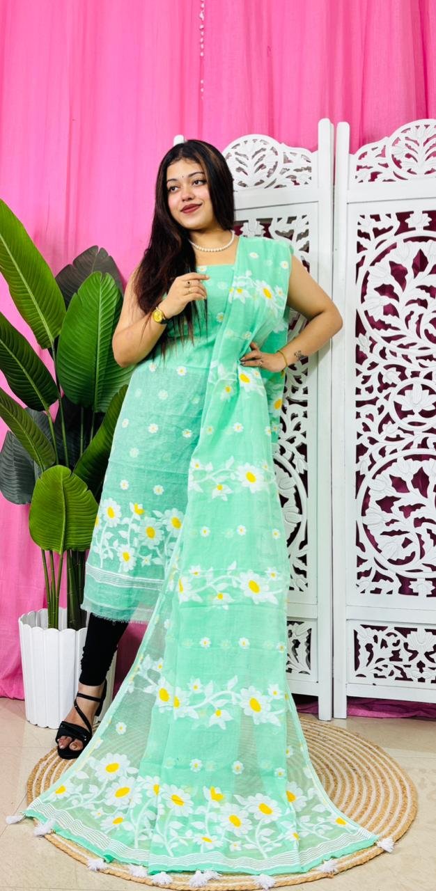2 Piece Unstitched Sunflower Jamdani Churidar Set - Light Teal