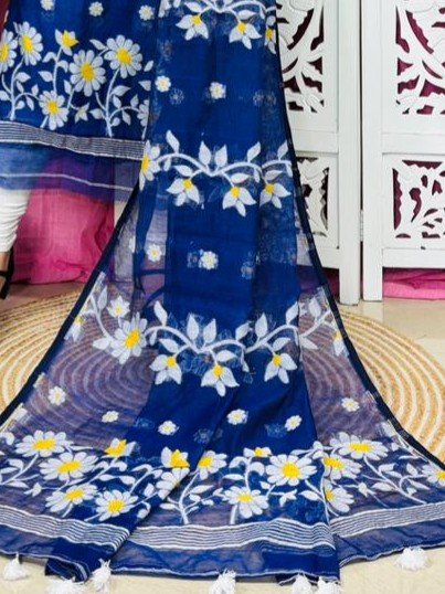 2 Piece Unstitched Sunflower Jamdani Churidar Set - Navy Blue