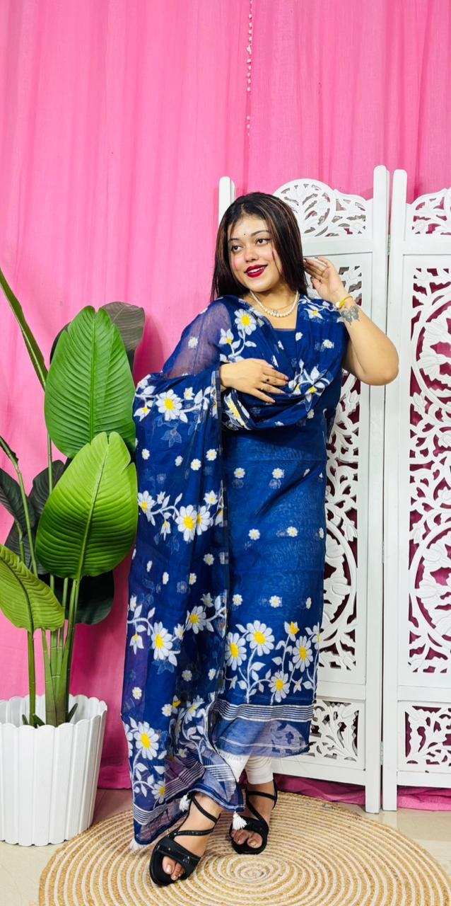 2 Piece Unstitched Sunflower Jamdani Churidar Set - Navy Blue
