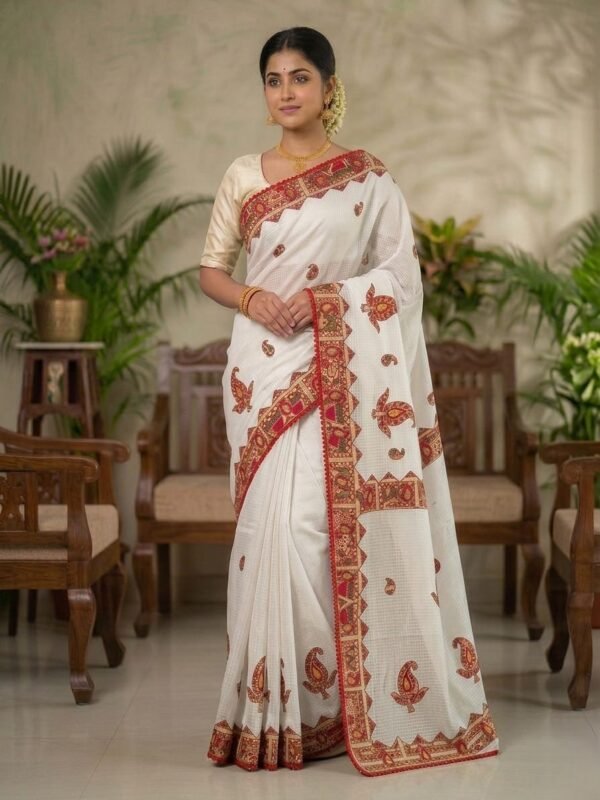 Classic Off White Applique Work Saree with Detailed Border Design