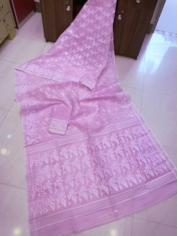 Old Pink Soft Buti Karat Jamdani Sari With Blouse Piece