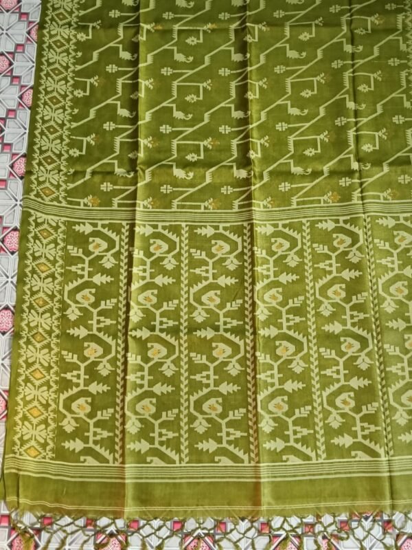 Pure Gachi Tussar Handloom Jamdani Sari With Blouse Piece - Olive Green