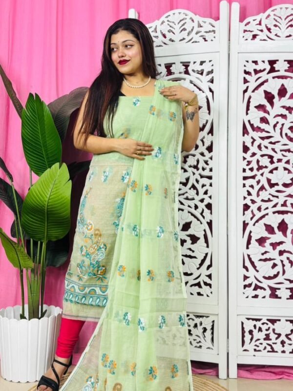 Unstitched 2 Piece Jamdani Churidar Set - Pale Olive
