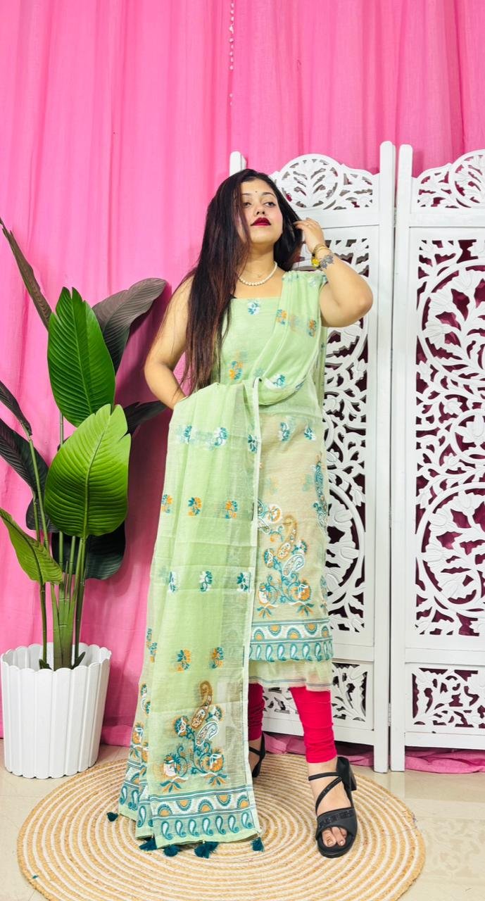 Unstitched 2 Piece Jamdani Churidar Set - Pale Olive