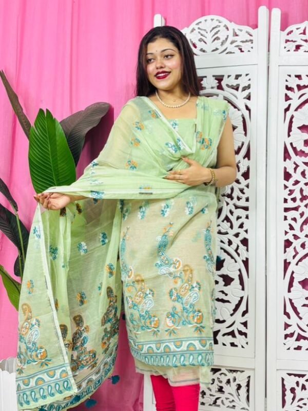 Unstitched 2 Piece Jamdani Churidar Set - Pale Olive