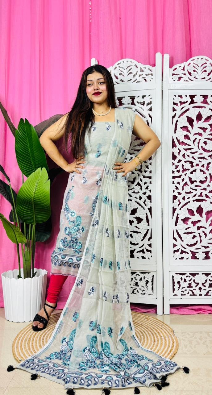 Unstitched 2 Piece Jamdani Churidar Set - Pastel Grey