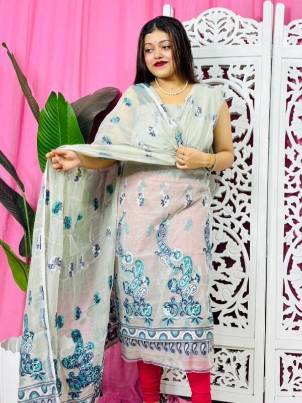 Unstitched 2 Piece Jamdani Churidar Set - Pastel Grey