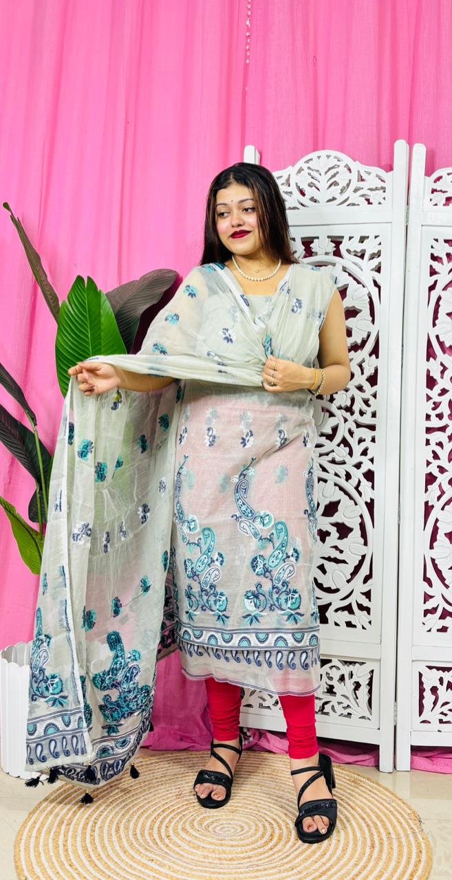 Unstitched 2 Piece Jamdani Churidar Set - Pastel Grey