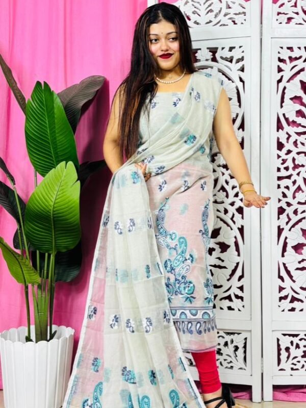 Unstitched 2 Piece Jamdani Churidar Set - Pastel Grey