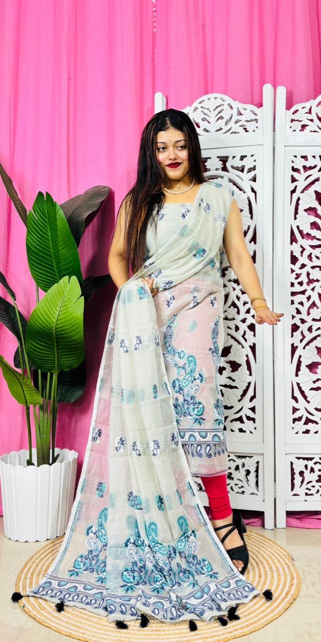 Unstitched 2 Piece Jamdani Churidar Set - Pastel Grey