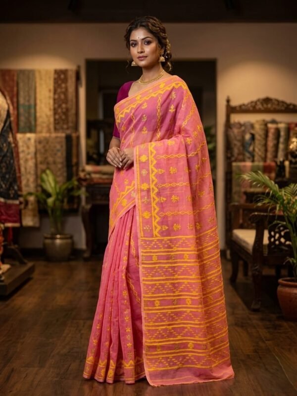 Nayan Tara Soft Dhakai Jamdani Saree - Pastel Red