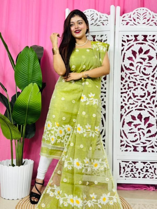 2 Piece Unstitched Sunflower Jamdani Churidar Set - Pea Green