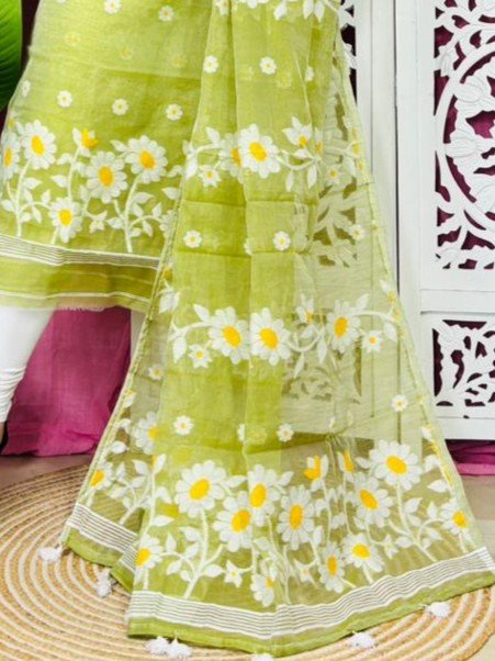 2 Piece Unstitched Sunflower Jamdani Churidar Set - Pea Green
