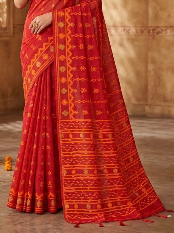 Nayan Tara Soft Dhakai Jamdani Saree - Red