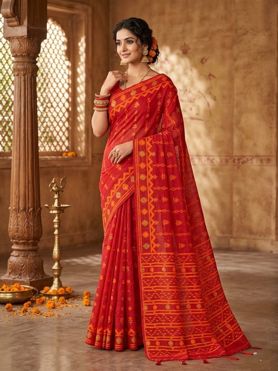 Nayan Tara Soft Dhakai Jamdani Saree - Red Nayan Tara Soft Dhakai Jamdani Saree - Red