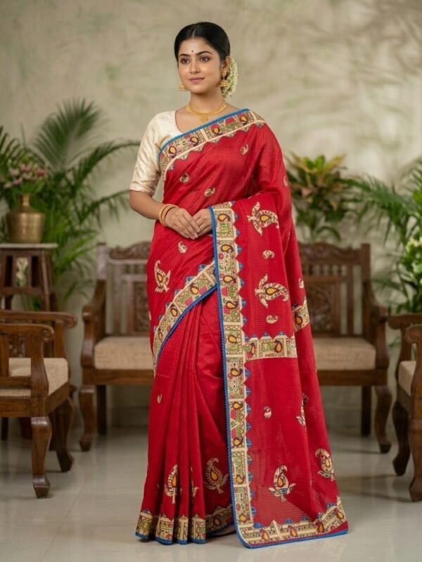 Classic Red Applique Work Saree with Detailed Border Design