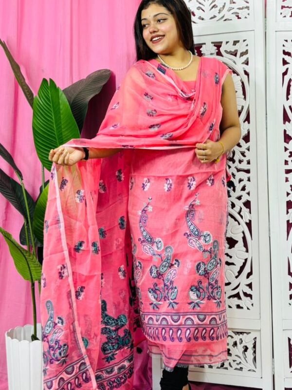 Unstitched 2 Piece Jamdani Churidar Set - Rose Pink