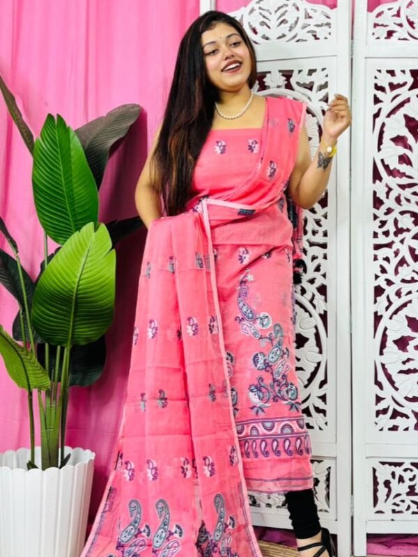 Unstitched 2 Piece Jamdani Churidar Set - Rose Pink