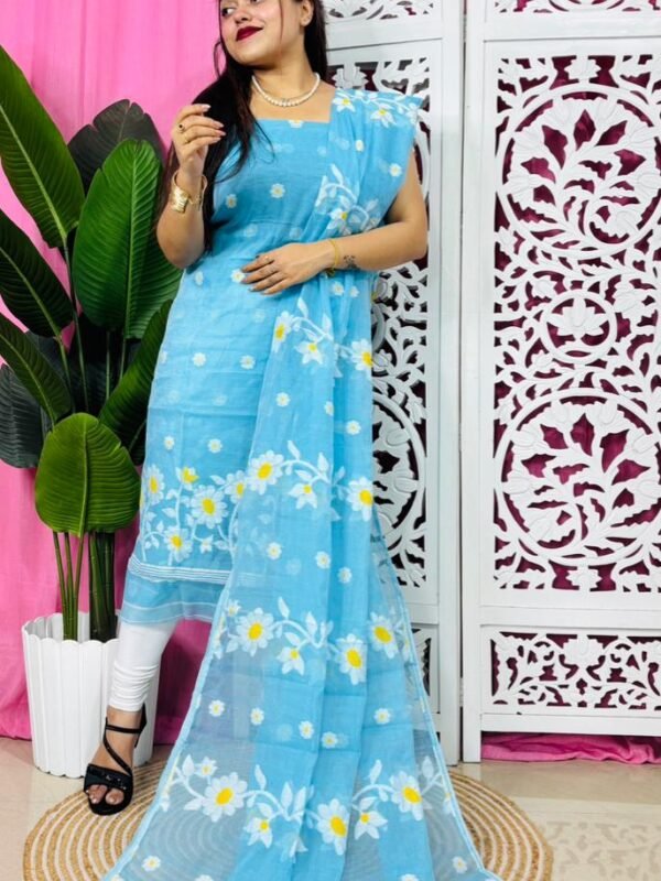 2 Piece Unstitched Sunflower Jamdani Churidar Set - Sky Blue