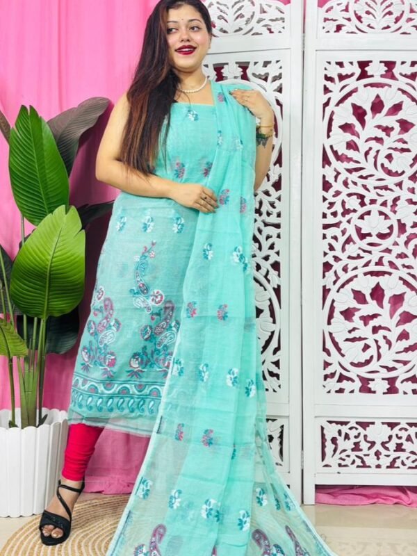 Unstitched 2 Piece Jamdani Churidar Set - Tiffany Blue