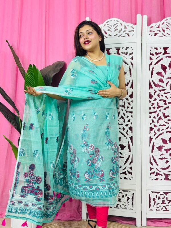 Unstitched 2 Piece Jamdani Churidar Set - Tiffany Blue