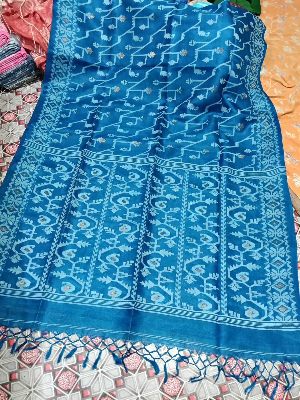 Pure Gachi Tussar Handloom Jamdani Sari With Blouse Piece - Venice Blue Pure Gachi Tussar Handloom Jamdani Sari With Blouse Piece - Venice Blue