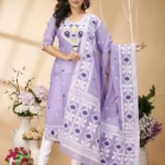 Four Leaf White Unstitched Jamdani Kurti Set (Lavender Purple)