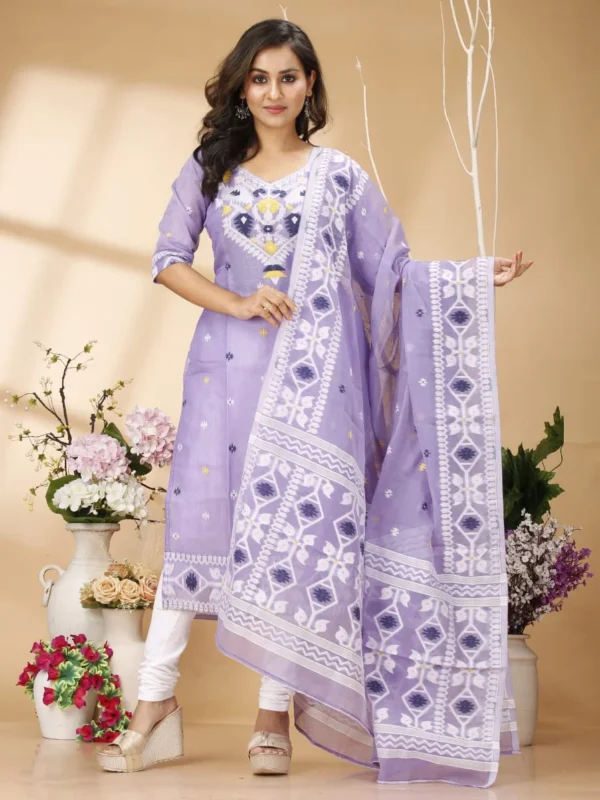 Four Leaf White Unstitched Jamdani Kurti Set (Lavender Purple)