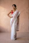 Embroidery Work Soft Cotton Saree - White
