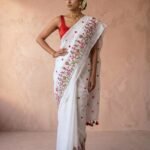 Embroidery Work Soft Cotton Saree - White