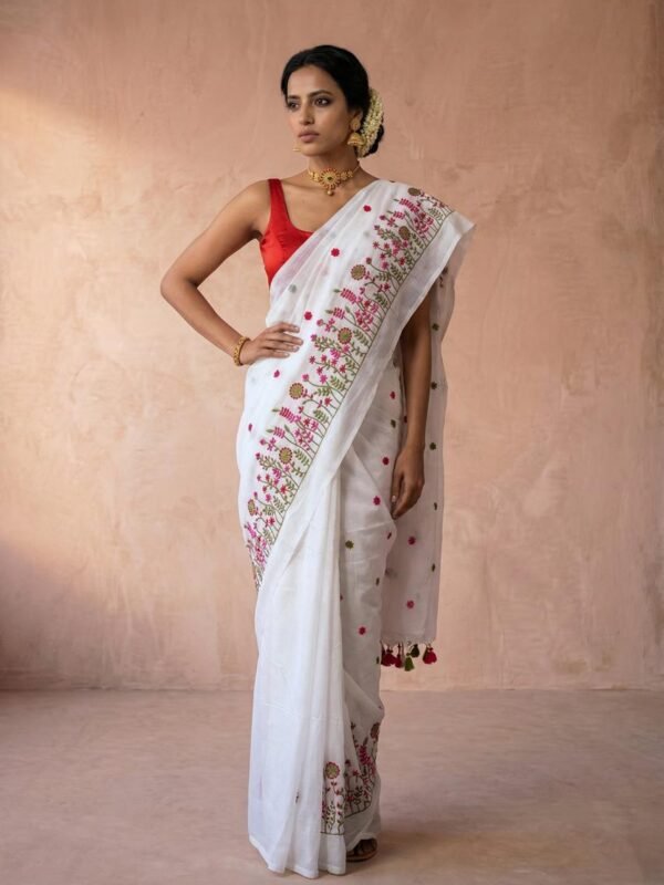 Embroidery Work Soft Cotton Saree - White